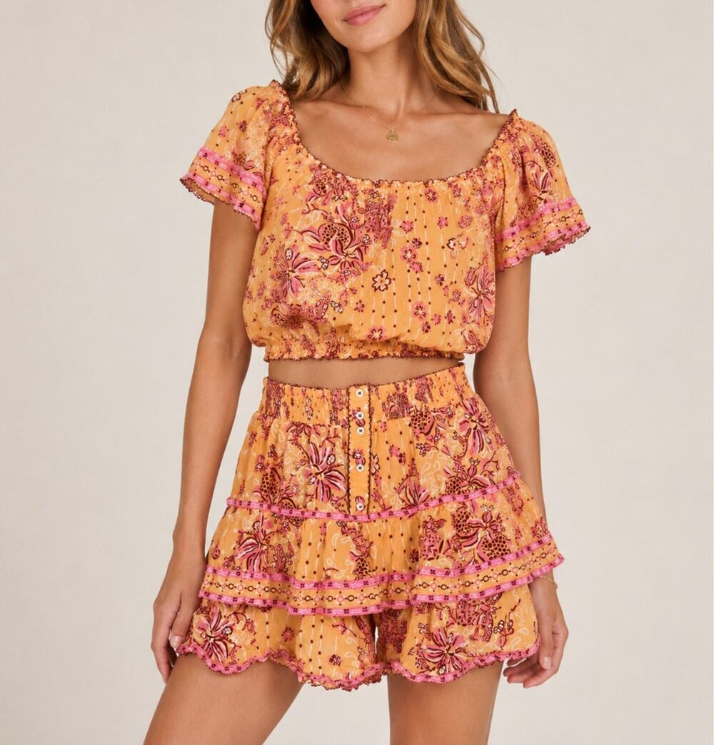 Poupette St. Barth Top + Shorts 2 Piece Printed Set Orange Sz M/L/S Boho